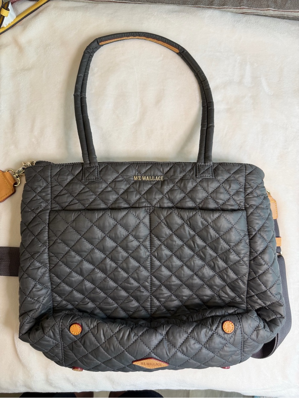 MZ Wallace Quilted Metro Quattro dark gray Shoulder Tote with Tan Accents